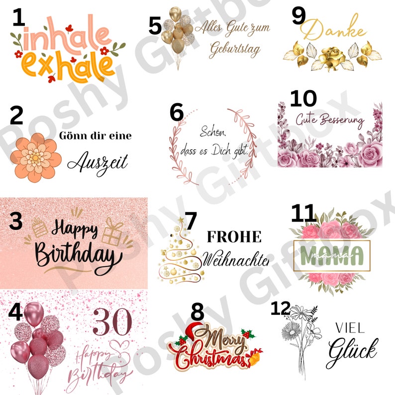 Peut inclure: Douze cartes de v&oelig;ux roses et blanches avec diff&eacute;rents motifs floraux et festifs. Les cartes comportent des textes tels que "Happy Birthday", "Frohe Weihnachten", "Viel Gl&uuml;ck" et "Gute Besserung".