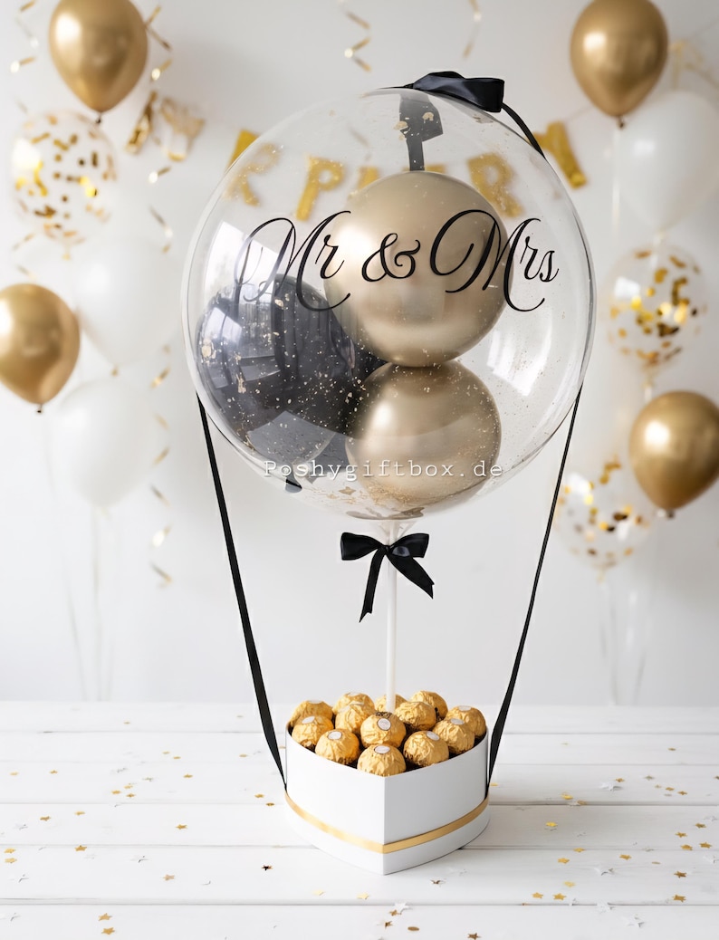 Ballongeschenk "Gold"/Geschenk zum Hochzeitstag/Verlobungsgeschenk/Just Married/Geburtstagsgeschenk/Hochzeitsgeschenk/Ballon mit Blumenbox image 7