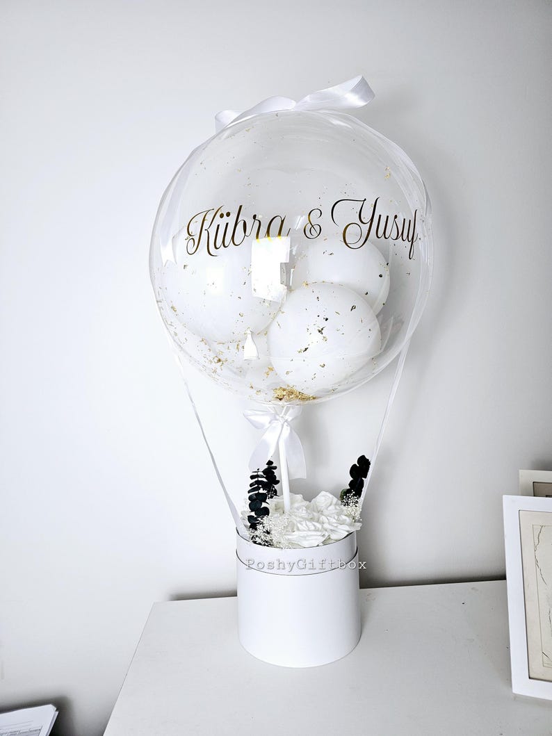 Ballongeschenk "Gold"/Geschenk zum Hochzeitstag/Verlobungsgeschenk/Just Married/Geburtstagsgeschenk/Hochzeitsgeschenk/Ballon mit Blumenbox image 2