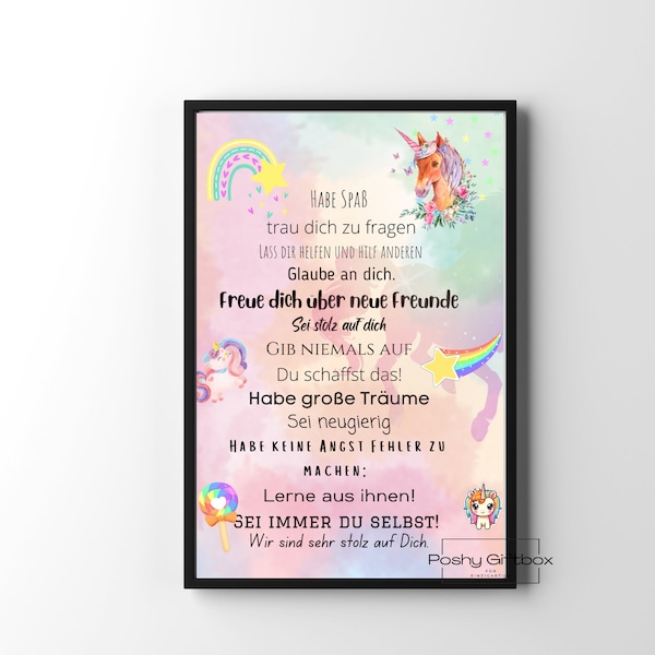 Poster Mutmacher zur Einschulung Mädchen/Wandkunst / MotivationsPoster Rosa Regenbogen,Einhorn/Schulanfang Wünsche/ Mutmacher Poster Einhorn