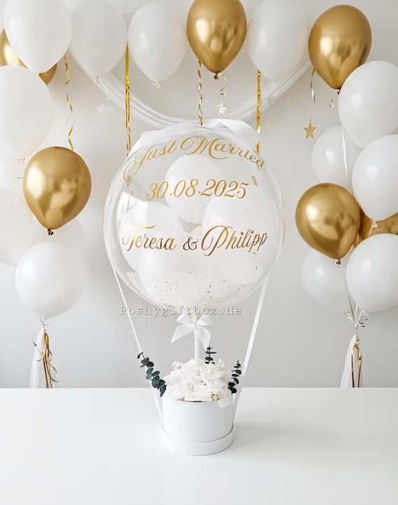 Ballongeschenk "Gold"/Geschenk zum Hochzeitstag/Verlobungsgeschenk/Just Married/Geburtstagsgeschenk/Hochzeitsgeschenk/Ballon mit Blumenbox
