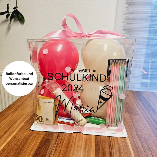 Personalisierte Ballonbox "SCHULKIND"/ mit Roseneinhorn oder Schulmaterial/Geschenk Mädchen/Geschenk Jugendweihe//Geschenkballon Geburtstag