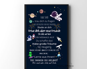 Poster Mutmacher zur Einschulung Junge ,Mädchen/Geschenk zur Einschulung/ Schulanfang Wünsche/ Mutmacher Poster Astronaut,Weltraum,Planeten