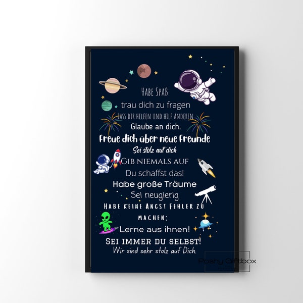 Poster Mutmacher zur Einschulung Junge ,Mädchen/Geschenk zur Einschulung/ Schulanfang Wünsche/ Mutmacher Poster Astronaut,Weltraum,Planeten