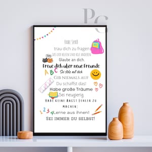 Op de afbeelding: Een kleurrijke, printbare poster met bemoedigende boodschappen voor kinderen. De poster bevat een rugzak, een liniaal, potloden, harten en letters. De tekst op de poster luidt: "Veel plezier, vertrouw op jezelf om vragen te stellen, laat anderen je helpen en help anderen. Geloof in jezelf. Wees blij met nieuwe vrienden. Wees trots op jezelf. Geef nooit op. Je kunt het! Heb grote dromen. Wees nieuwsgierig. Wees niet bang om fouten te maken. Leer ervan. Wees altijd jezelf!"