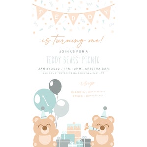 Paperless Teddy Bears' Picnic Childrens/Kids/Baby Birthday Party Invite - WhatsApp/E-mail - Customisable & Personalised - *DIGITAL DOWNLOAD*