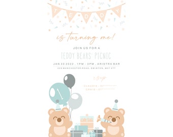 Paperless Teddy Bears' Picnic Childrens/Kids/Baby Birthday Party Invite - WhatsApp/E-mail - Customisable & Personalised - *DIGITAL DOWNLOAD*