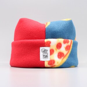 Red/Pizza Handmade Retro Fleece Four Point Beanie Cozy Funky 