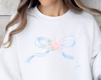 Blue Bow with Flowers Sweatshirt Coquette Baby Tee Valentine Shirt Y2K, Coquette Aesthetic Trendy Preppy Baby Tee Soft Girl Retro Hoodie