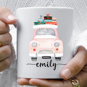 Personalized Christmas Mug Custom Holiday Coffee Mug Hot Chocolate 15 Oz Pink Xmas Retro Christmas Vintage Car Ceramic Custom Gift For Her