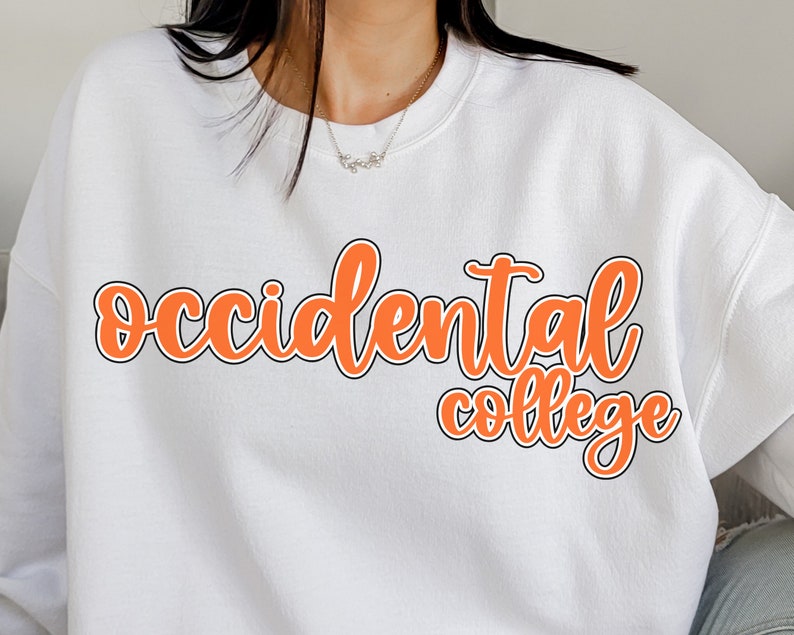 May include: White sweatshirt with the text "Occidental College" in orange lettering with a black outline.
