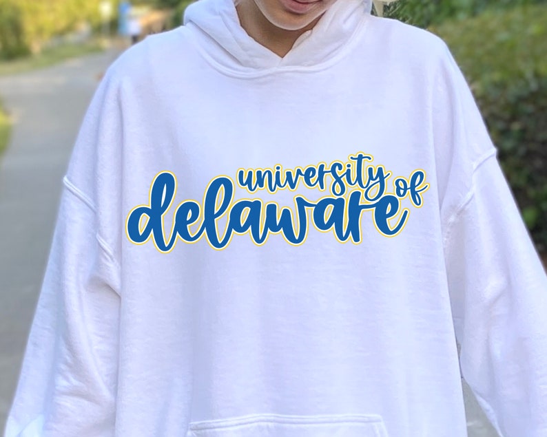 May include: White hoodie with a blue and yellow graphic that says "university of delaware"