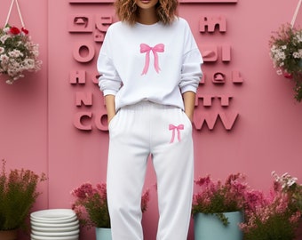 2 Piece Set Pink Bow Jogger Set Coquette Lounge Set Baby Tee Valentine Y2K Coquette Aesthetic Trendy Preppy Mix & Match Sweatpant Set 2 pcs