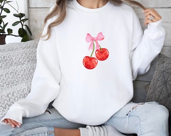 Cherries With Pink Bow Sweatshirt Coquette Baby Tee Valentine Shirt Y2K, Coquette Aesthetic Trendy Preppy Baby Tee Soft Girl Retro Hoodie