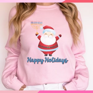 Retro Holiday Sweatshirt Santa with Menorah Christmas Hanukkah Sweater Chrismukkah Funny Ugly Hanukkah Xmas Sweatshirt