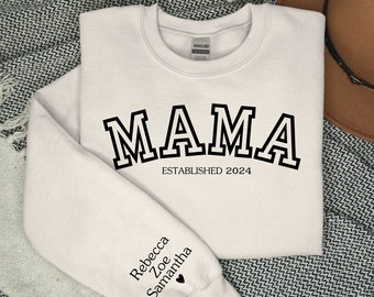 Custom Mama Sweatshirt with Names on the Sleeve, Gift for Mom, Custom Christmas Gift, Personalized Gift for New Mom, Gift for Expecting Mom