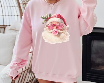 Retro Santa Blowing Bubble Sweatshirt, Pink Christmas Shirt, Funny Vintage Santa Sunglasses, Christmas Sweatshirt, Coquette Christmas Hoodie