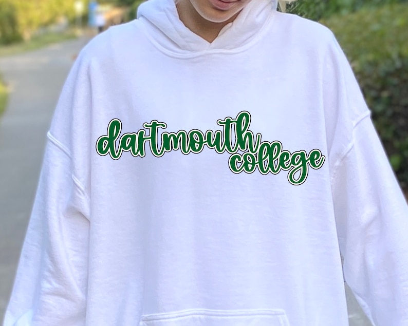 May include: White hoodie with a green and black outline of the text "dartmouth college" on the front.