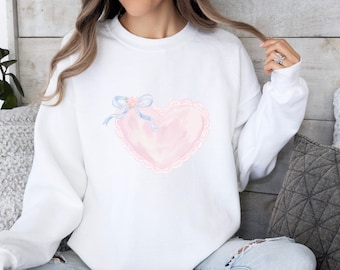 Pink Lace Style Heart Sweatshirt Blue Bow Coquette Baby Tee Valentine Shirt Y2K, Coquette Aesthetic Trendy Preppy Baby Tee Soft Girl Hoodie