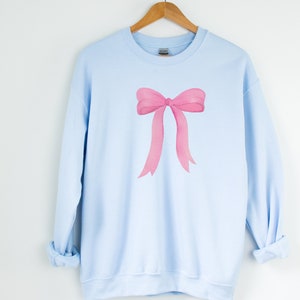 May include: A light blue sweatshirt with a pink watercolor bow design.