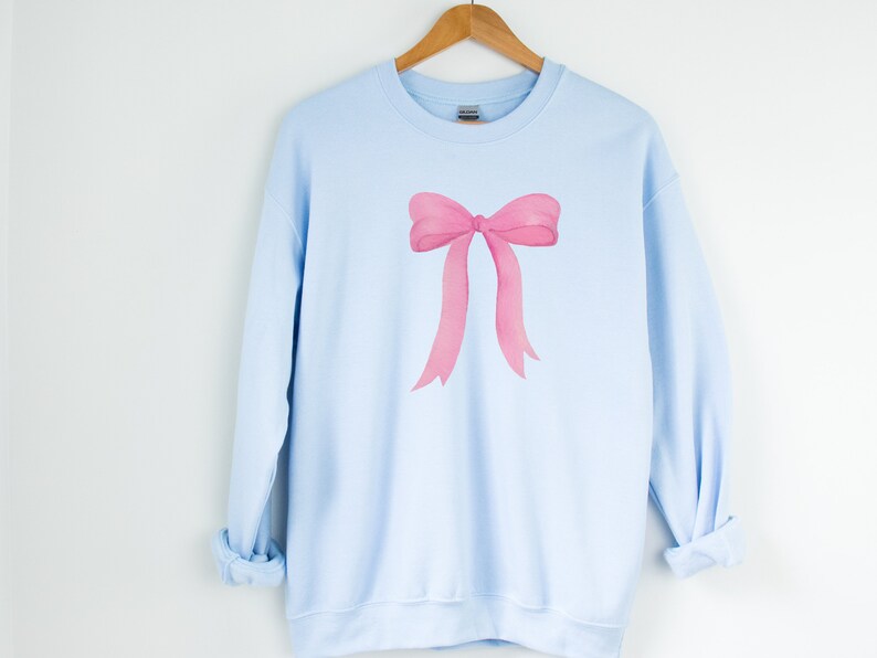 May include: A light blue sweatshirt with a pink watercolor bow design.