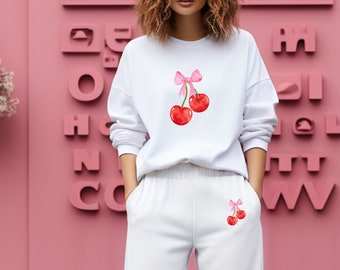2 Piece Set Cherries With Pink Bow Jogger Set Coquette Lounge Set Baby Tee Valentine Y2K Coquette Aesthetic Trendy Preppy Retro Hoodie