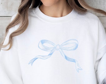 Blue Bow Sweatshirt Coquette Baby Tee Valentine Shirt Y2K, Coquette Aesthetic Trendy Preppy Baby Tee Soft Girl Retro Hoodie Watercolor Bow