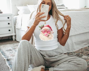 Retro Santa Blowing Bubble Sweatshirt, Pink Christmas Shirt, Funny Vintage Santa Sunglasses, Christmas Sweatshirt, Coquette Christmas Hoodie