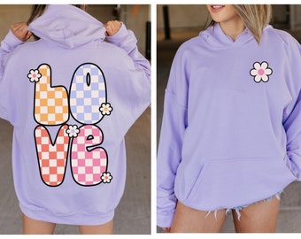 Love Retro Daisy Sweatshirt Vintage Checkered Positive Message Hoodie Cozy Aesthetic Crewneck Floral Preppy College Valentines Day Shirt