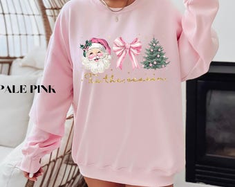 Retro Santa Coquette Bow Christmas Sweatshirt, Pink Christmas Shirt, Girly Christmas Sweatshirt, Coquette Bow Sweater, Tis The Season Shirt