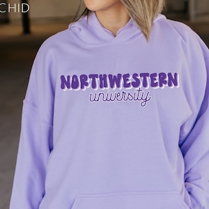 May include: A purple hoodie with the text "NORTHWESTERN university" in a purple bubble font.