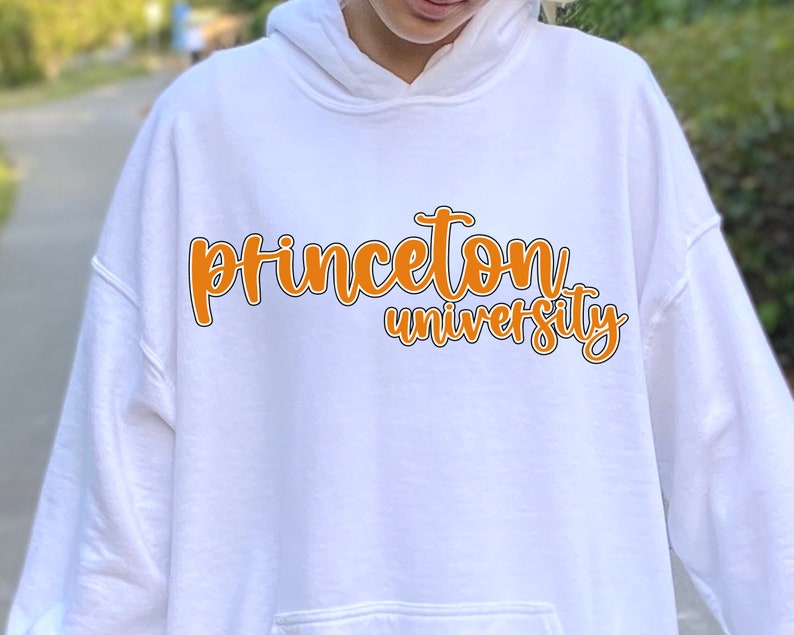 May include: White hoodie with an orange graphic that says "Princeton University" in a cursive font.