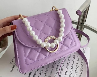 Purple Handbag, Luxury Handbag, Women Purse, Crossbody Bag, BTS Purple bag, Top-handle bag, Mini Bag, Pearl Decor Square Bag, BTS Army Purse