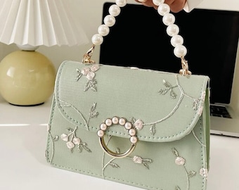 Bolso floral, bolso de lujo, bolso de mujer, bolso bandolera, bolso morado, bolso con asa superior, minibolso, bolso cuadrado con decoración de perlas, bolso bordado