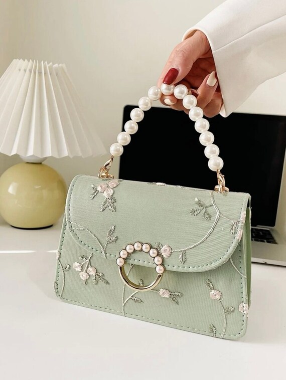 Floral Handbag, Luxury Handbag, Women Purse, Crossbody Bag, Purple Bag, Top-Handle Bag, Mini Bag, Pearl Decor Square Bag, Embroidered Bag