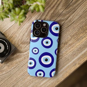 Evil Eye-telefoonhoes, blauw Evil Eye-ontwerp, opvallende telefoonhoes, Mykonos-sfeer