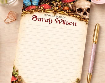 Gothic Butterfly Skull Notepad | Mushroom Forest Halloween Memo Pad | Top Tear-Off Notepad | Dark Cottagecore Stationery | Spooky Desk Pad