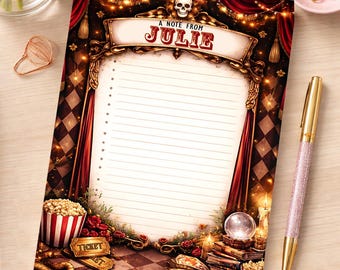 Custom Creepy Carnival Notepad, Halloween Skull Memo Pad, Spooky Circus Stationery, Gothic Desk Accessory, Personalized Name Gift
