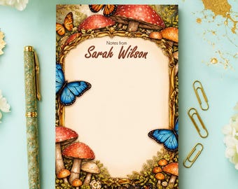 Custom Woodland Notepad | Mushroom & Butterfly Memo Pad | Tear Off Glue Top Stationery | Cute Office Gift for Her | Cottagecore Desk Pad