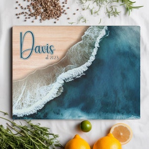 Personalized Beach Cutting Board, Tempered Glass Housewarming Charcuterie Board, Wedding Engagement Gift, Decorative Kitchen Serving Board