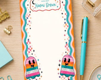Cute Ghost Notepad, Custom Name Disco Ghost Tear Off Memo Pad, Personalized Spooky Stationery, Girl Pink Notepad, Retro Halloween Desk Gift