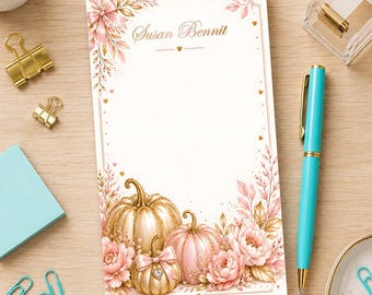 Custom Cute Pink Pumpkin Tear Off Notepad, Fall Floral Desk Pad, Girly Autumn Stationery, Personalized Pumpkin Notepad, Pink & Gold Office