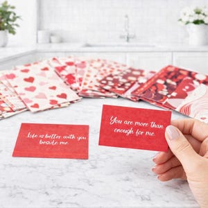 May include: A collection of red and white cards with heart and floral patterns, along with two red cards with white text. One card reads "Life is better with you beside me," and the other says "You are more than enough for me."