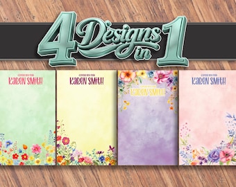 Custom Name Notepad, Watercolor Floral Tear Off Pad, 4 Designs in 1, Personalized Stationery, Spring Flower Note Pad Mothers Day Gift