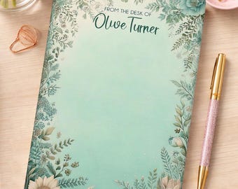 Personalized Green Floral Tear-Off Notepad | Custom Name Desk Notepad | Elegant Office Stationery | Feminine Writing Pad | Office Gift Memo