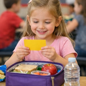 Op de afbeelding: Een jong meisje glimlacht terwijl ze een gele kaart vasthoudt, met een open paarse lunchbox voor zich. De lunchbox bevat een sandwich, appel en wortelen. Een fles water staat ernaast.