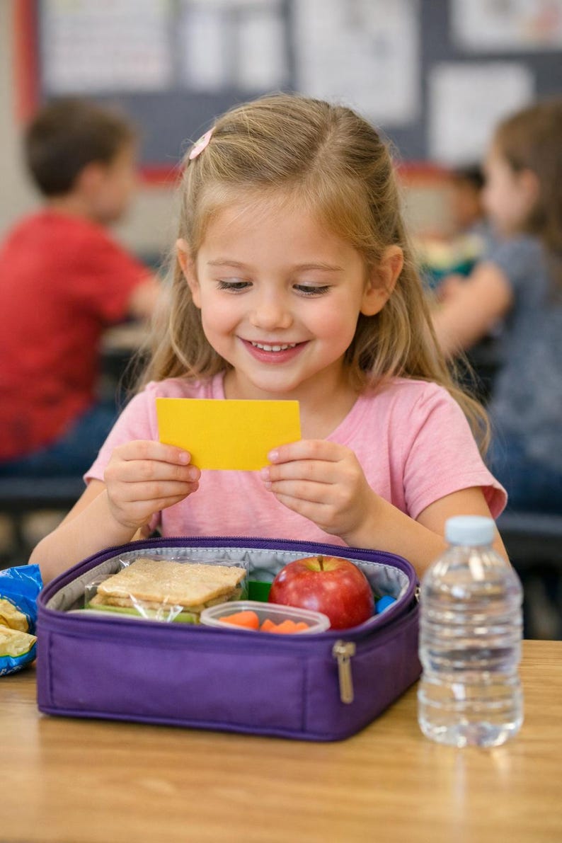 Op de afbeelding: Een jong meisje glimlacht terwijl ze een gele kaart vasthoudt, met een open paarse lunchbox voor zich. De lunchbox bevat een sandwich, appel en wortelen. Een fles water staat ernaast.