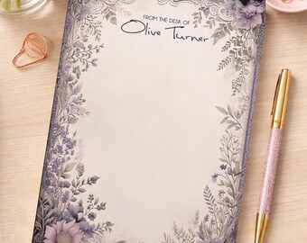 Personalized Purple Floral Tear-Off Notepad | Custom Name Desk Notepad | Elegant Office Stationery | Feminine Writing Pad | Office Gift