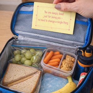 Op de afbeelding: Een blauwe lunchbox gevuld met een sandwich, druiven, babywortelen, berenvormige koekjes en een banaan. Een briefje met de tekst "You are deeply loved just for being you - no need to change a single thing" wordt erboven gehouden.