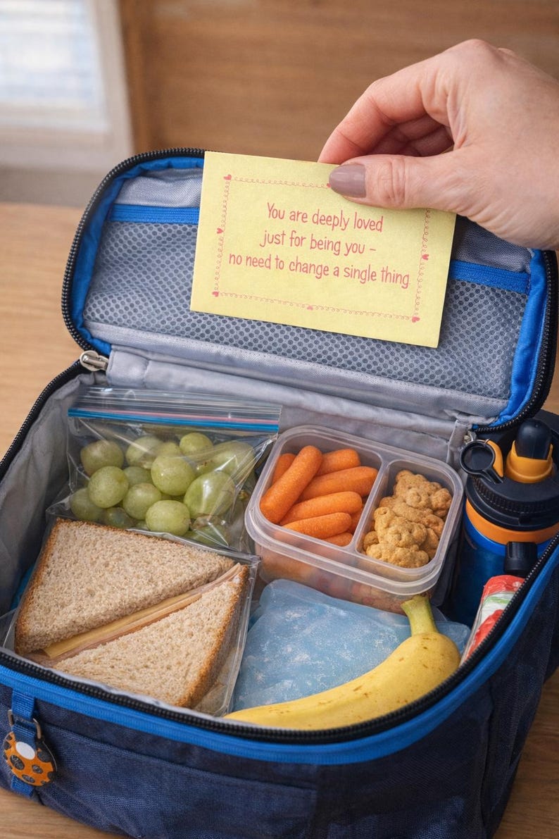 Op de afbeelding: Een blauwe lunchbox gevuld met een sandwich, druiven, babywortelen, berenvormige koekjes en een banaan. Een briefje met de tekst "You are deeply loved just for being you - no need to change a single thing" wordt erboven gehouden.